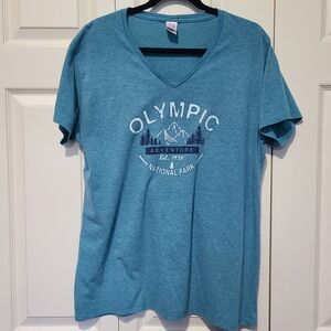 Olympic Nat'l Park Teal V-Neck Graphic Souvenir Tee Short Sleeves Ladies XXL 2XL